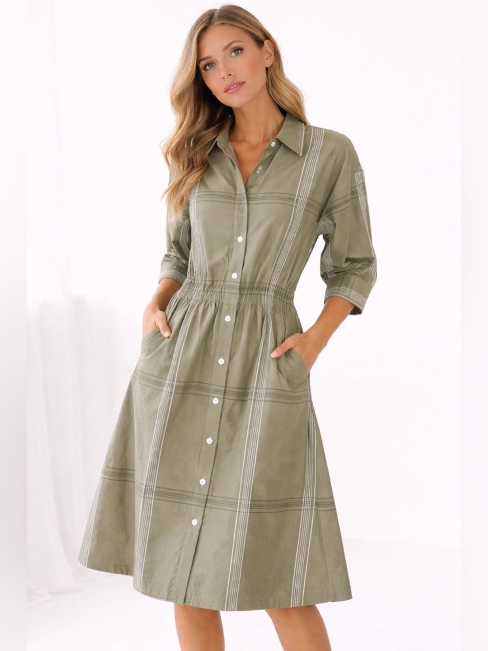 WORTH New York Shirt Dress Olive Green Striped Button Front Quiet Luxury Size S